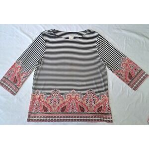 Chico's Women's Paisley Stripe 3/4 Sleeve Top Sz 1 Business Casual Preppy Chic